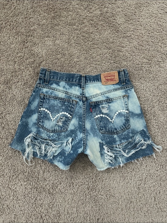 Levi's Pants - Reconstructed Levi's 550 Denim Shorts|Bleached, Distressed & Embellished Blue